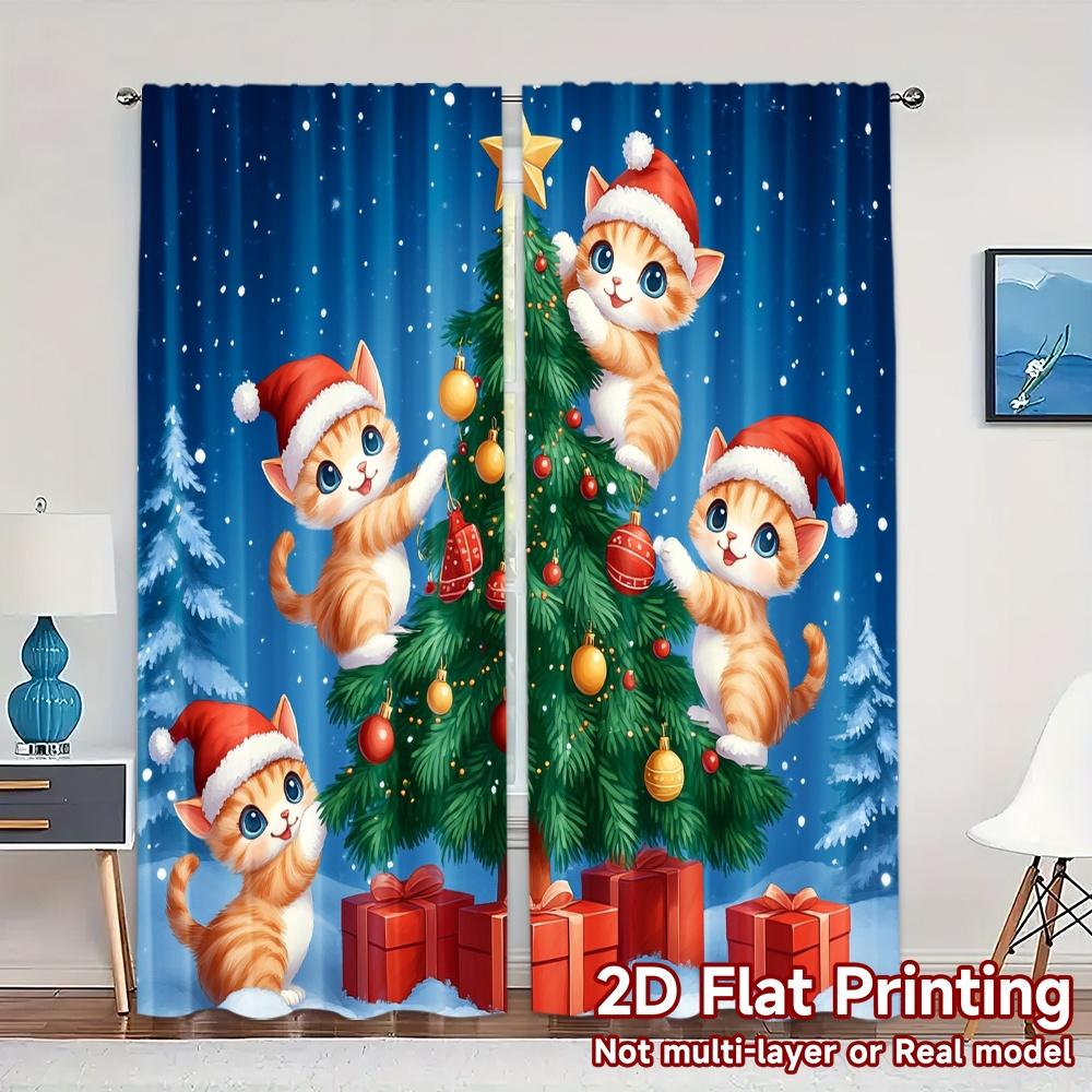 

2pcs,Curtains Cute Kittens Decorating Christmas Tree (2) Fashionable Popular Curtains Machine Washable Fabric Curtains Holiday 52.50×116.00 CM 2pcs