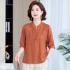 Damen Leinen Baumwolle Bestickte Bluse Lässig Stehkragen 3/4 Puffärmel Hemd