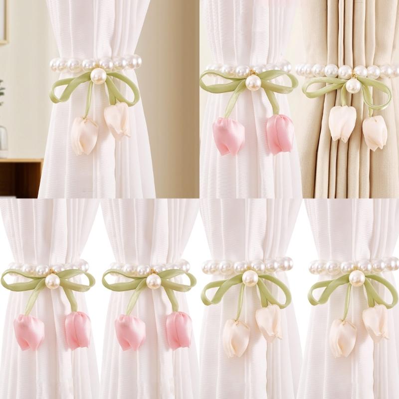2Pcs Magnetic Clasp Curtain Holdbacks Tulips Bowknot Pearls Beads Window Drape Tiebacks for Living Room Bedroom Decors