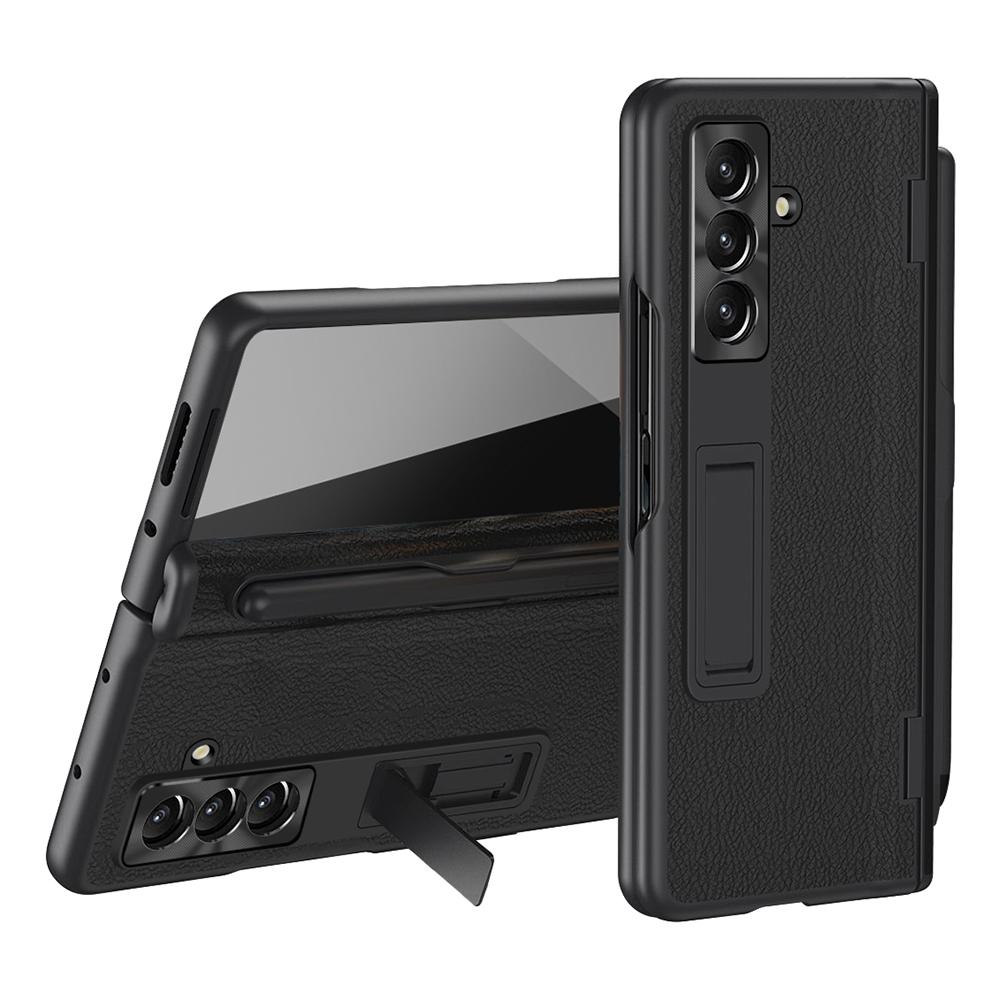 

For Samsung Galaxy Z Fold7 5G Case Kickstand PC+PU Leather Folding Phone Cover with Screen Protector and Stylus Black