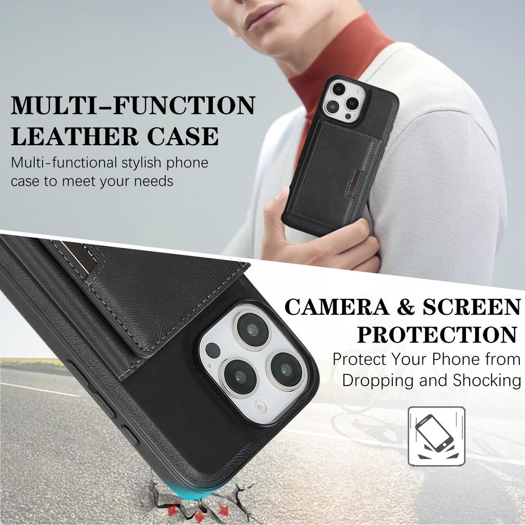 For iPhone 14 Pro Kickstand Case Tri-fold Card Bag PU Leather Coated TPU Cover Compatible with MagSafe