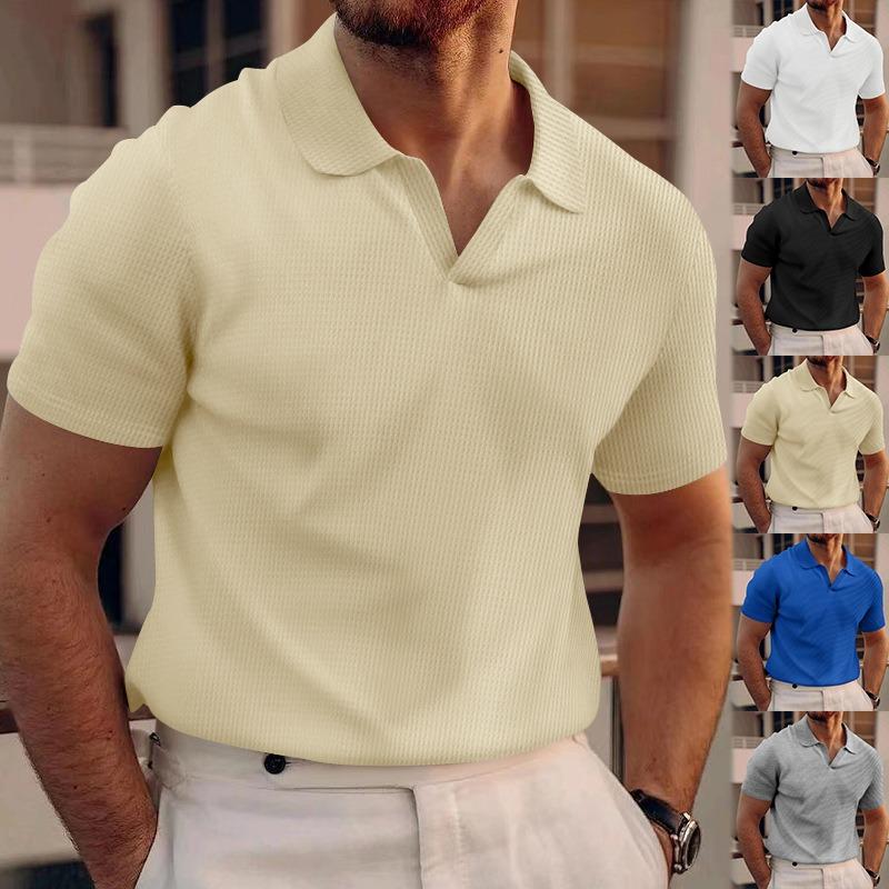 Mens Short Sleeve Waffle Turn Down Collar Solid Casual Polo Shirt