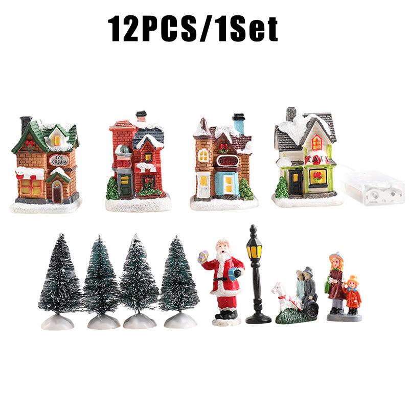 Christmas Village Figurines Decoration Set Lighted LED Christmas Village Houses with Figurines for Town Scene Landscape Decor