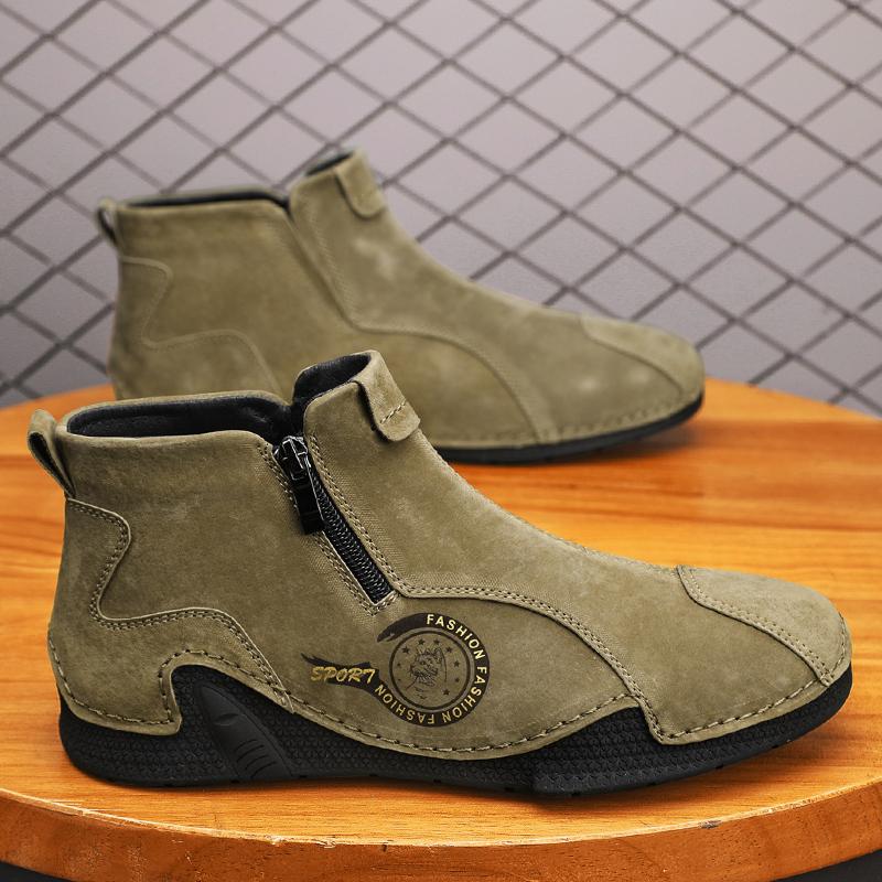 New Classic Handmade Leather Men Shoes Zipper Design Outdoor Sneakers Slip On Breathable Casual Shoes Leather Men Ankle Boots