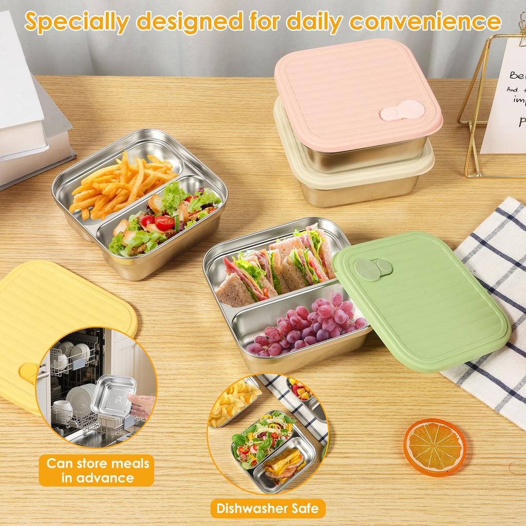 304 Stainless Steel Lunch Box 4/3 Pcs Portable Fruit Salad Food Container with Lid Stackable Leak Proof Bento Boxes for Students