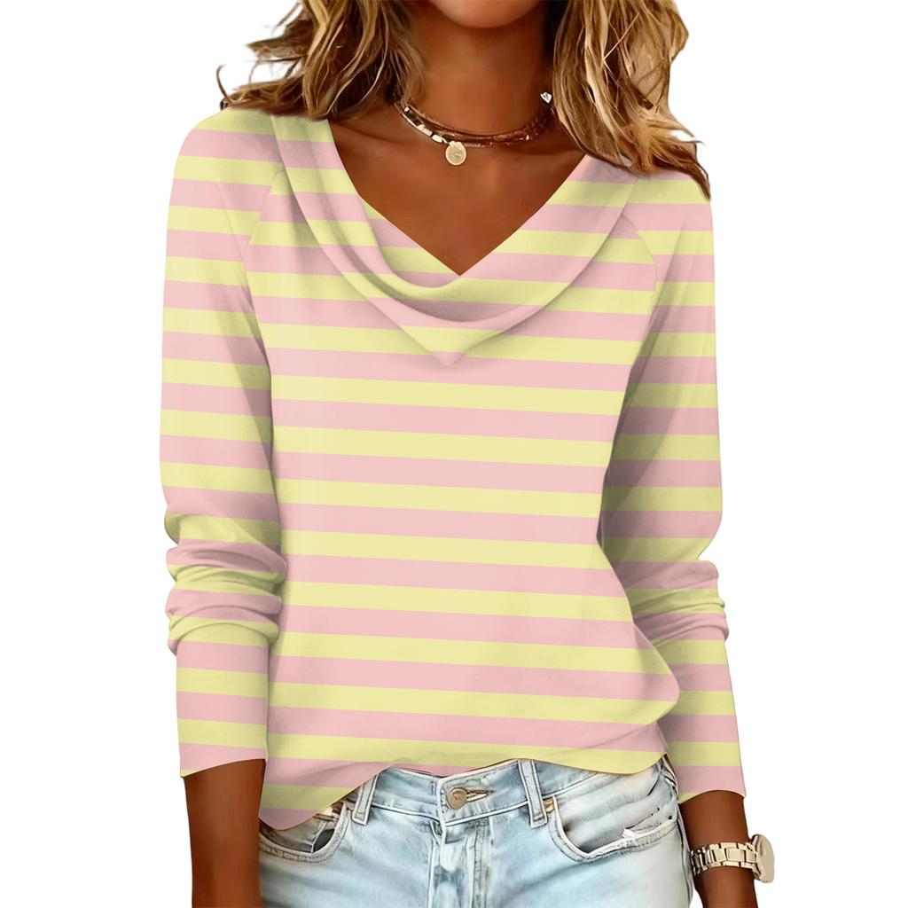 Ladies' striped printed casual and fashionable long sleeved pullover top