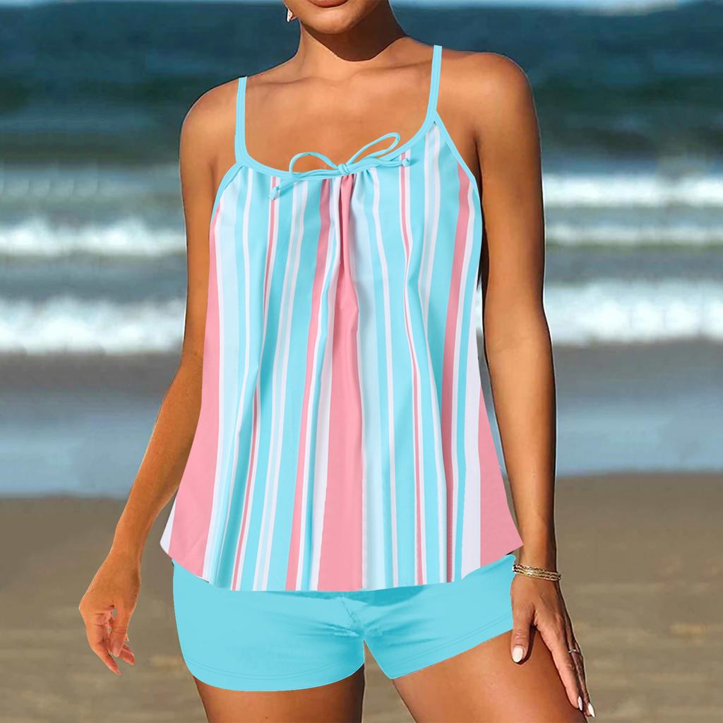 2-teiliges konservatives Tankini-Set Digitaldruck Bauchkontrolle Hohe Taille Boy Shorts Spaghettiträger Strand Badeanzug