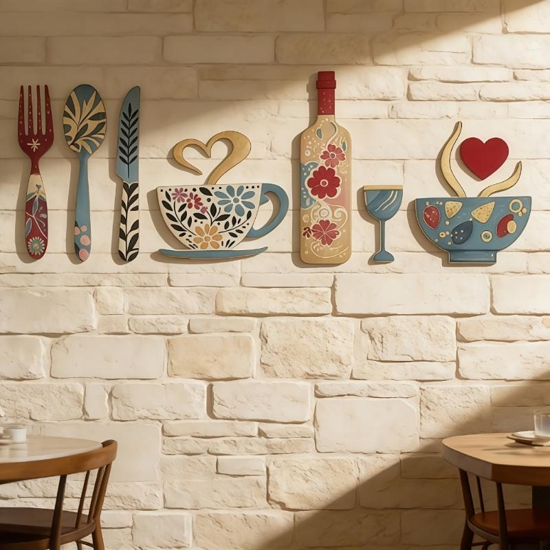 Ländliche Küchenwandaufkleber Dekorationen, Set aus 7 Holzutensilien Wandkunst Set mit handgefertigter Bemalung für die Essbereich Gestaltung