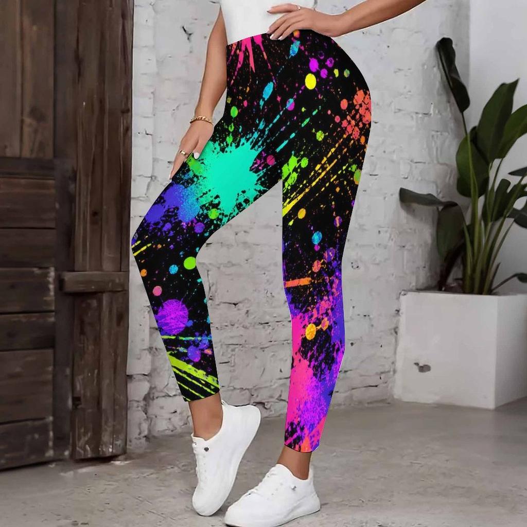 Women Plus Size High Waist Colorful Print Full Length Yoga Leggings