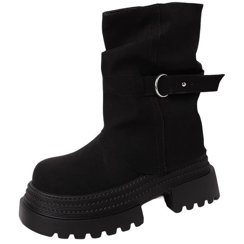 Fashion Versatile Belt Buckle Round Head Thick Sole Heightening Short Boots Women's 2025 Autumn and Winter New Fashion Versatile Thick Sole Boots