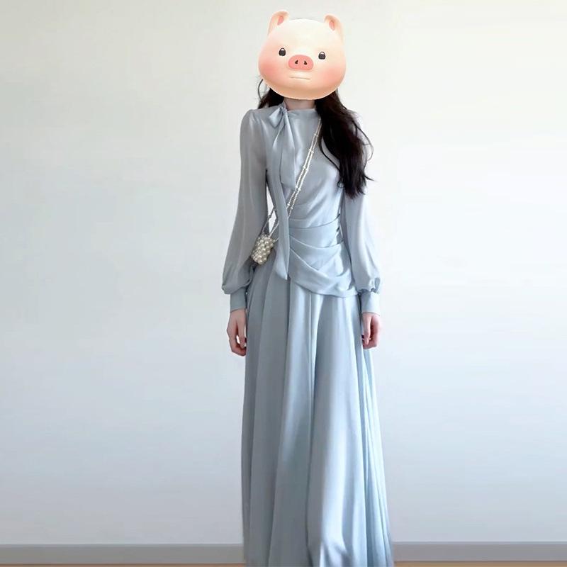 Early Autumn New Chinese Zen Blue Long-Sleeved Dress Set