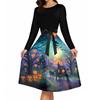 Women's Vintage Long Sleeve Round Neck Halloween Party Dress with Printed Skirt and Waist Tie Elegant Retro Style