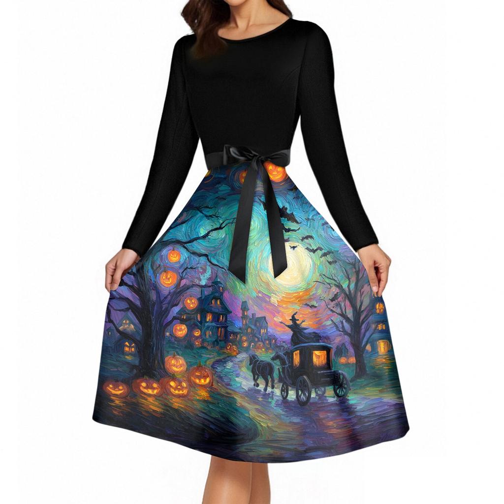 Women's Vintage Long Sleeve Round Neck Halloween Party Dress with Printed Skirt and Waist Tie Elegant Retro Style