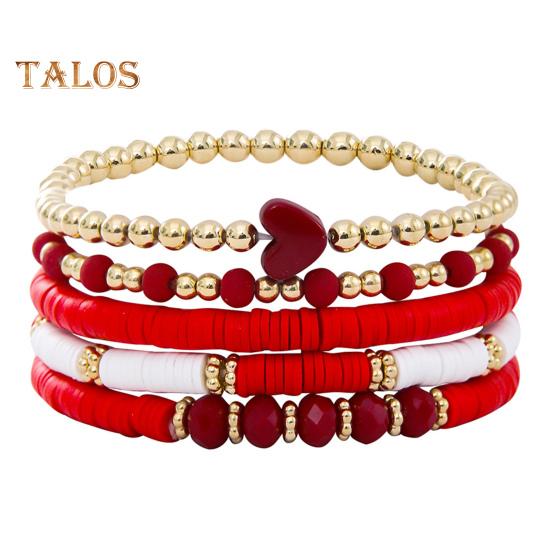 5 Pcs Bohemian Bracelets Polymer Clay Multi-layer Stacking Heart Beads Contrast Color Jewelry for Beach Work Party Vacation
