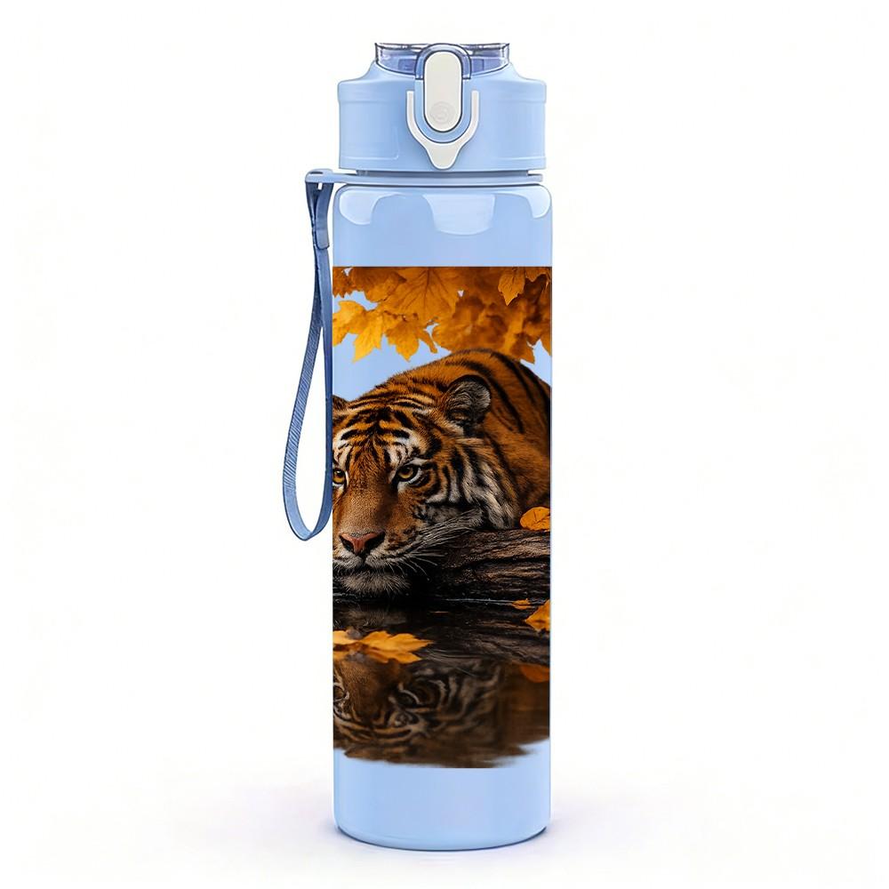 1PC Tiger On Golden Lake Sunset Scene Print 750ml Color Plastic Sports Water Bottle Leakproof Flip Straw Lid Suitable for Sports Office Home Use