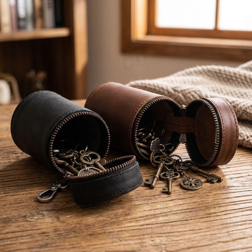 PU Leather Coin Storage Bank Handmade Cylindrical Key Storage Pouch with Clip Portable Money Clip For Car Cup Holder