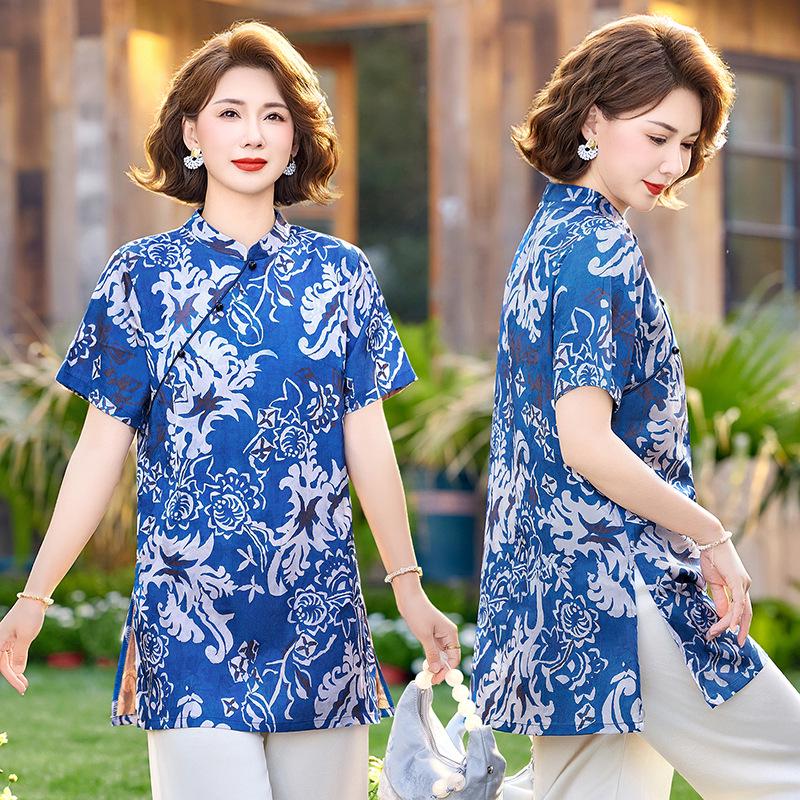 National New Chinese Frog Button Short Sleeve Summer 2026 Women's Mid-Length Belly Cover T-Shirt