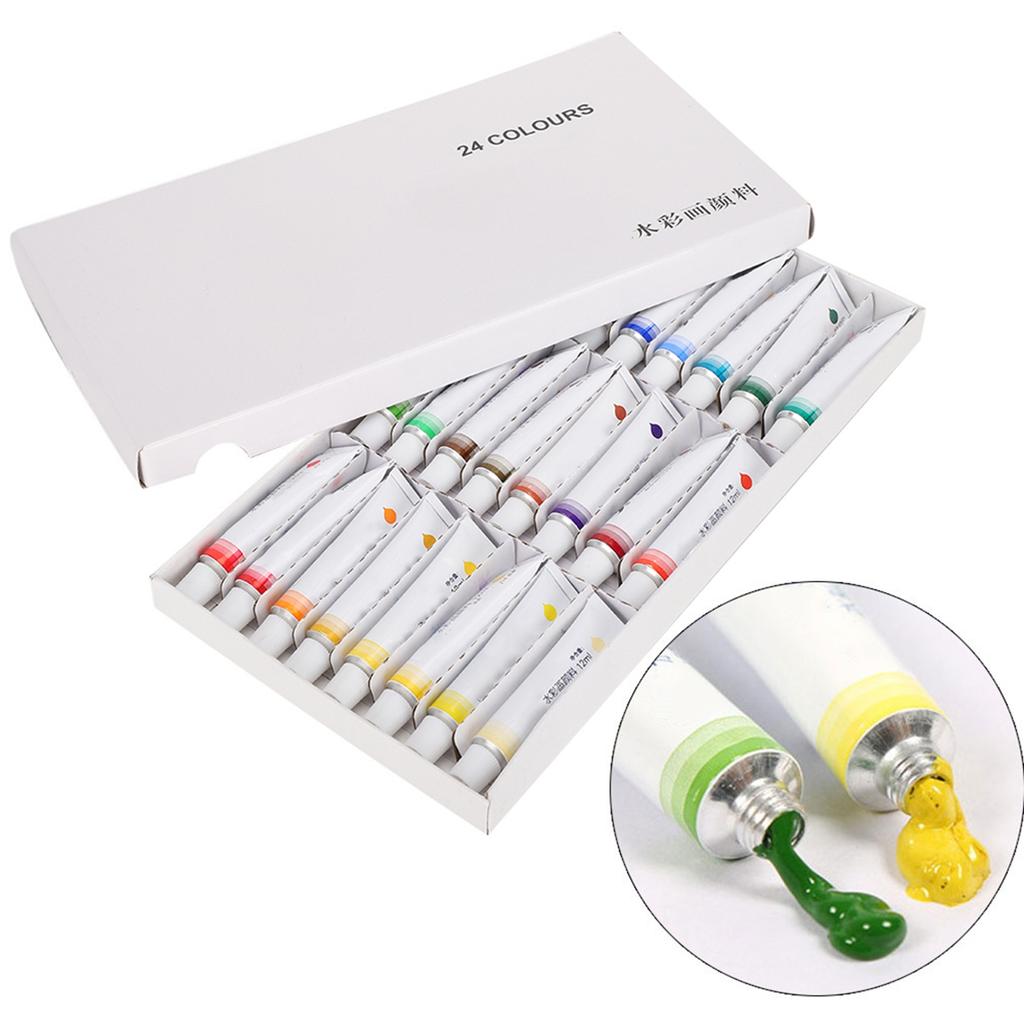 24Pcs Watercolor Paint Set 12ml Professional Aluminum Tube Paintbrush School Art Supplies