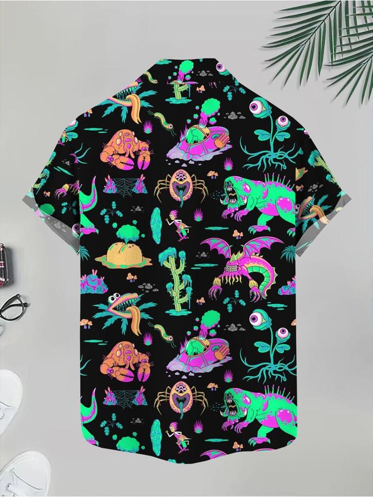 Men's Casual Short - Sleeve Shirt, Cartoon Monster Pattern Printed, Polyester Material, Multiple Specifications Available, Suitable for Daily Wear,