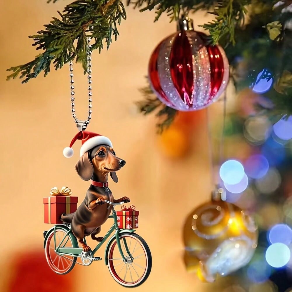 1pc, Riding Dog Acrylic Ornaments, Holiday Vintage Bicycle With Gift Car And Bag Key Chain Decoration