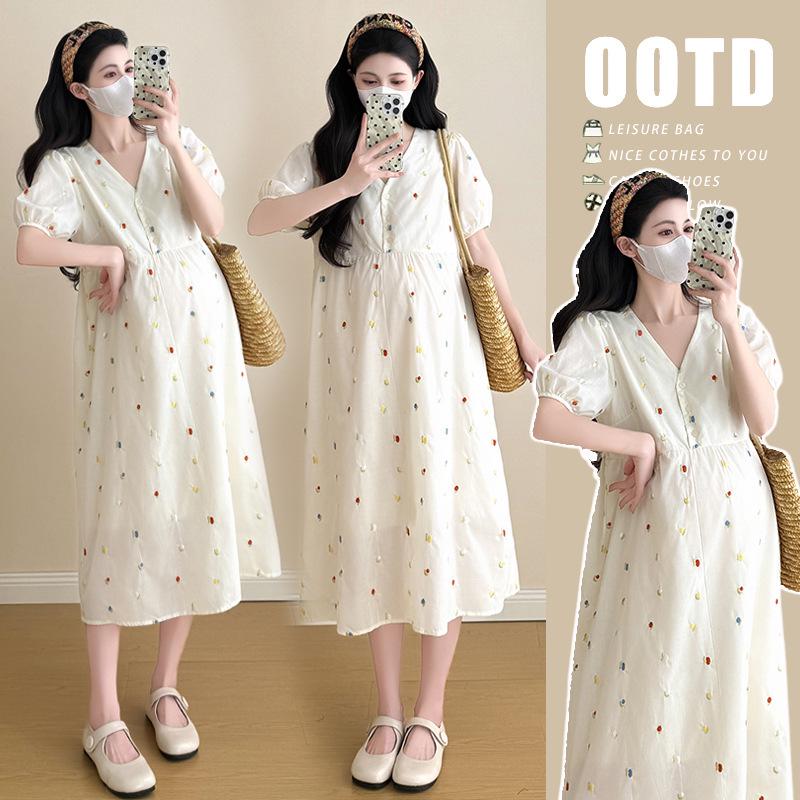 2026 New Floral V-neck A-line Maternity Summer Dress L
