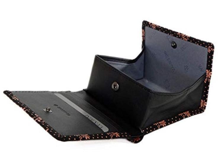 Indenya Inden Bifold Wallet with H-shaped Bill Compartment and Box-Shaped Coin Purse, Deerskin Leather, Black with Pink Lacquer, Cosmos Pattern,
