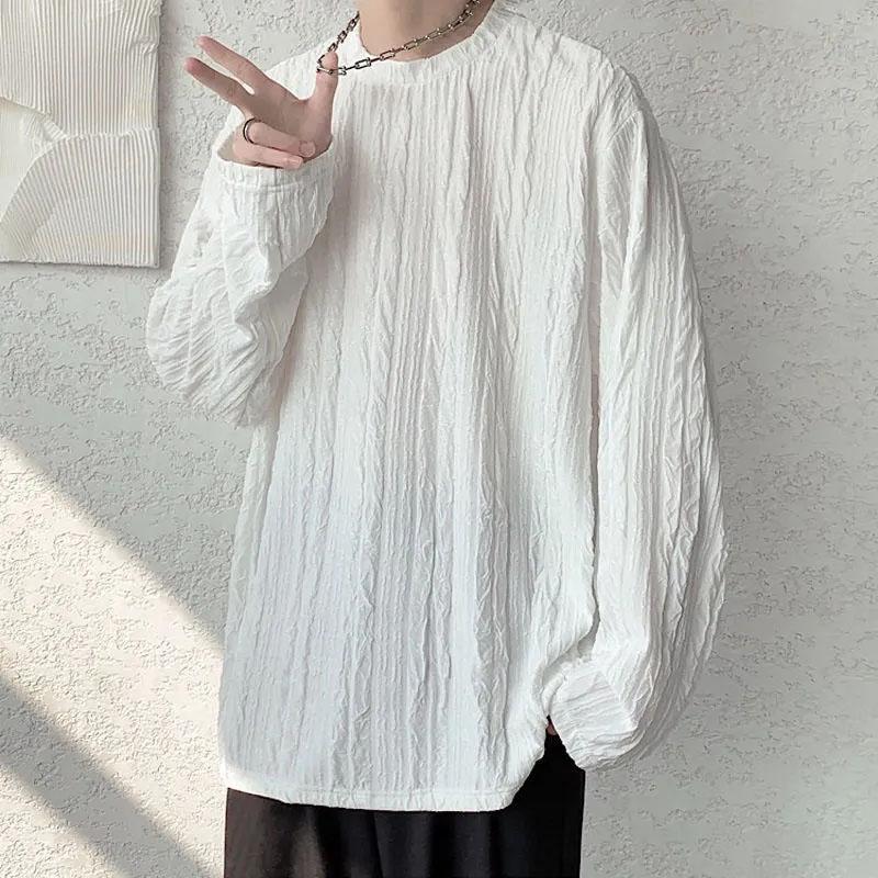 Pleated Long-sleeved T-shirt Men's Temperament Ins Trend Drape Loose Casual Round Neck Early Spring Top