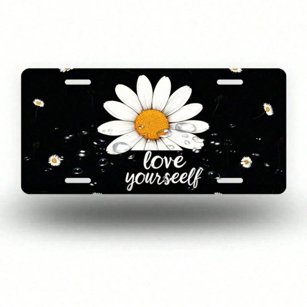 2D Flat White Daisy License Plate Frame, Waterproof Aluminum Front Car Tag Cover, 5.9x11.8 Inch Decorative