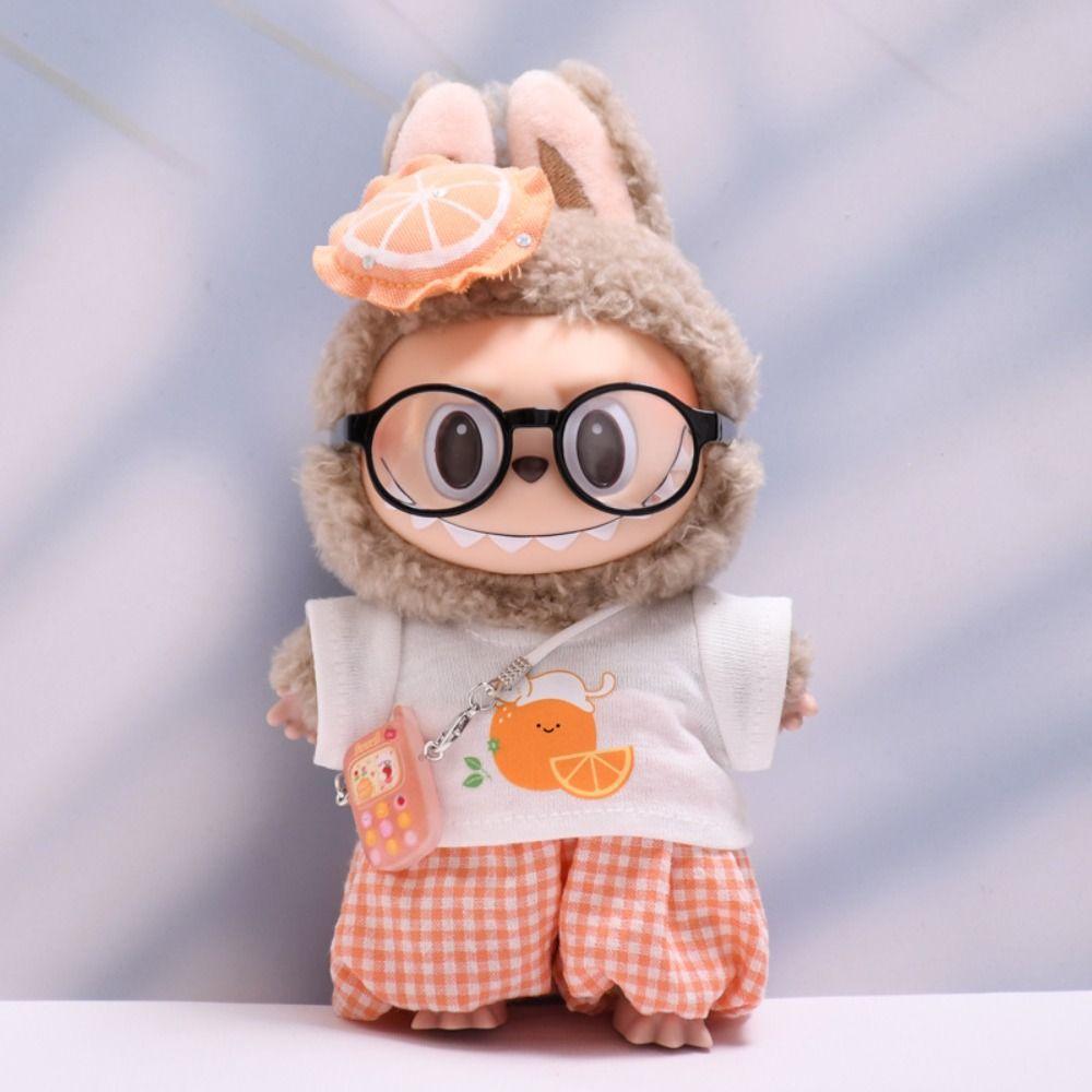Orange Sitting Labubu Time Cloth Plaid Pants 17cm Plush Dolls Clothes  Kids Girls Toys