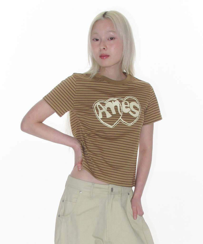 AMES-WORLDWIDE Heart Spray Stripe Tee Brown