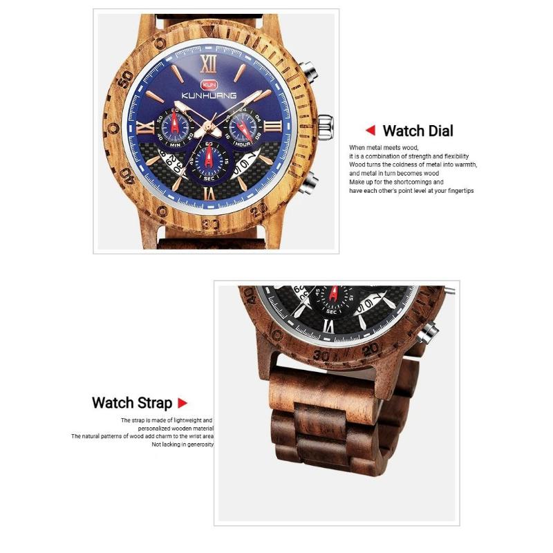 Men Natural Walnut Wood Watch Multifunctional Chronograph Quartz Wristwatch Roman Numeral Dial Sport Wooden Band Watch