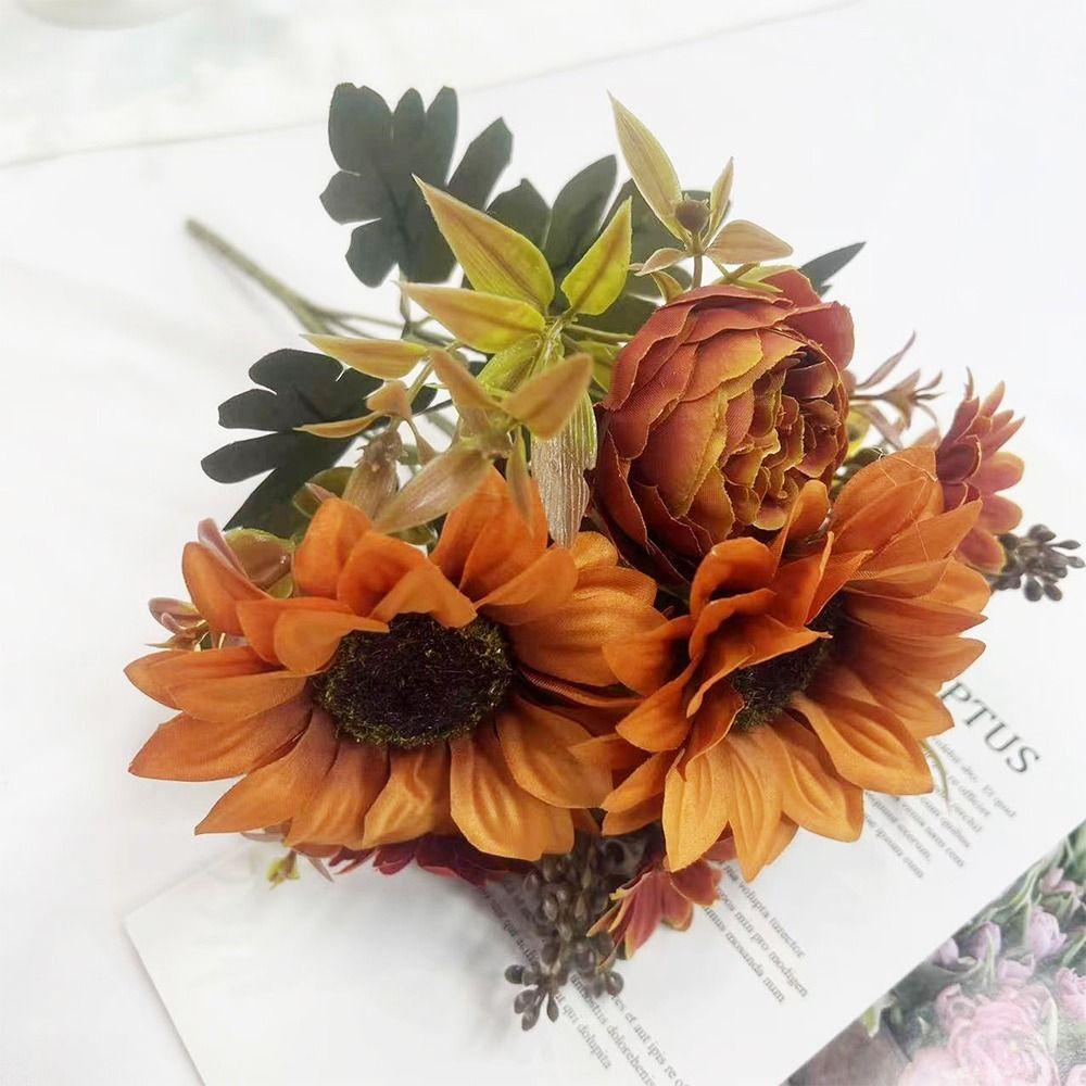Multicolor Sunflower Artificial Flower Green Leaves DIY Simulation Sunflower Desktop Ornament Photo Props