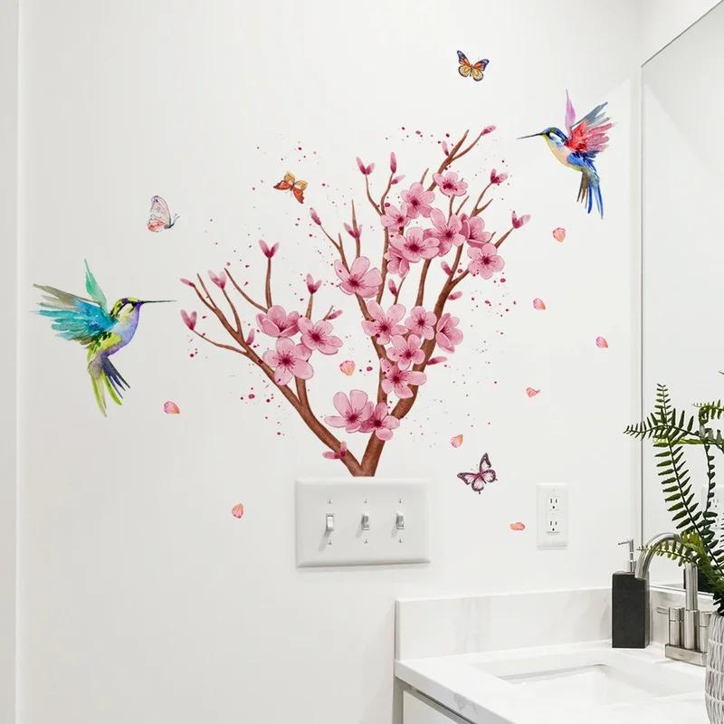 Peach Blossom Branch Bird Butterfly Wall Stickers Bedroom Living Room Background Home Decor Self-Adhesive Wallpaper