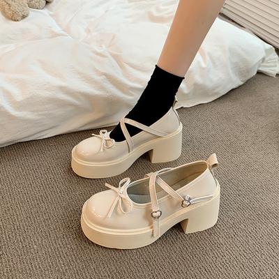 Mary Jane Small Leather Shoes Women's 2025 Spring New Thick-soled Heightening Bow with Skirt Thick Heel High Heel Single Shoes