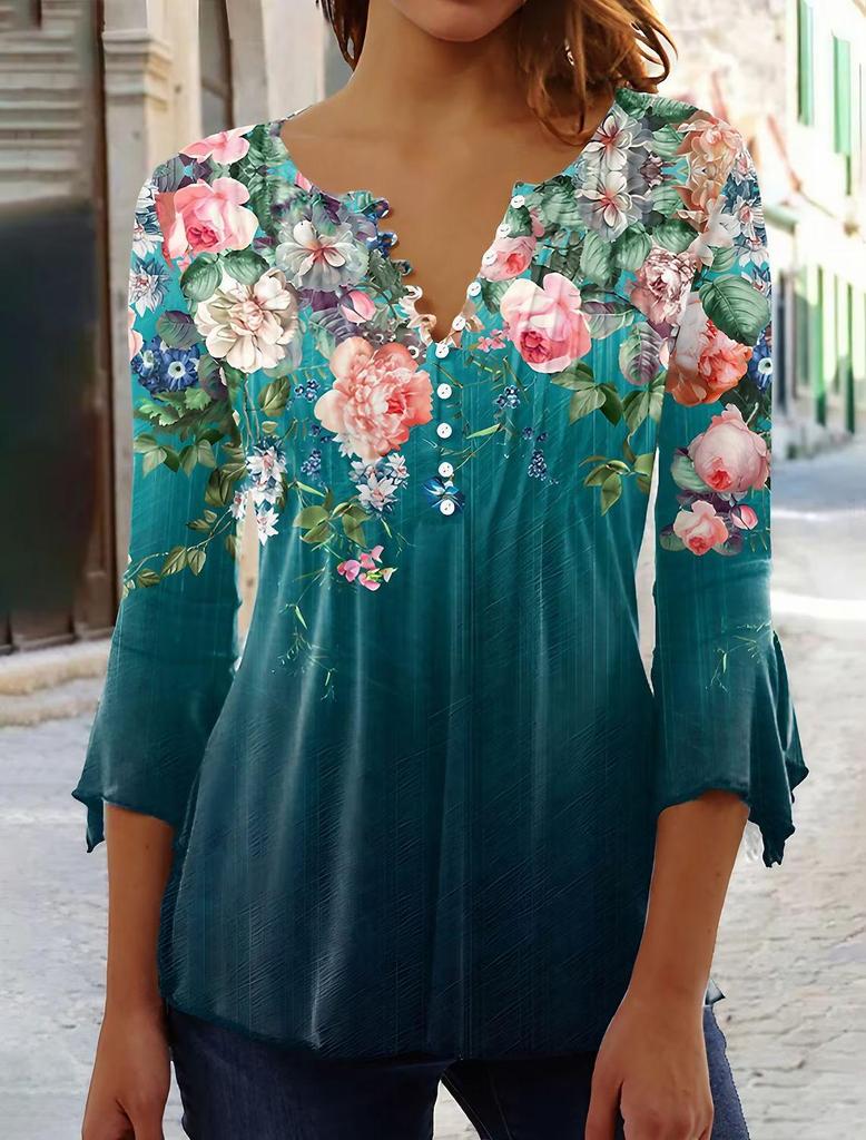 2023 Women's Floral V-Neck Short Sleeve Pleated Button T-Shirt