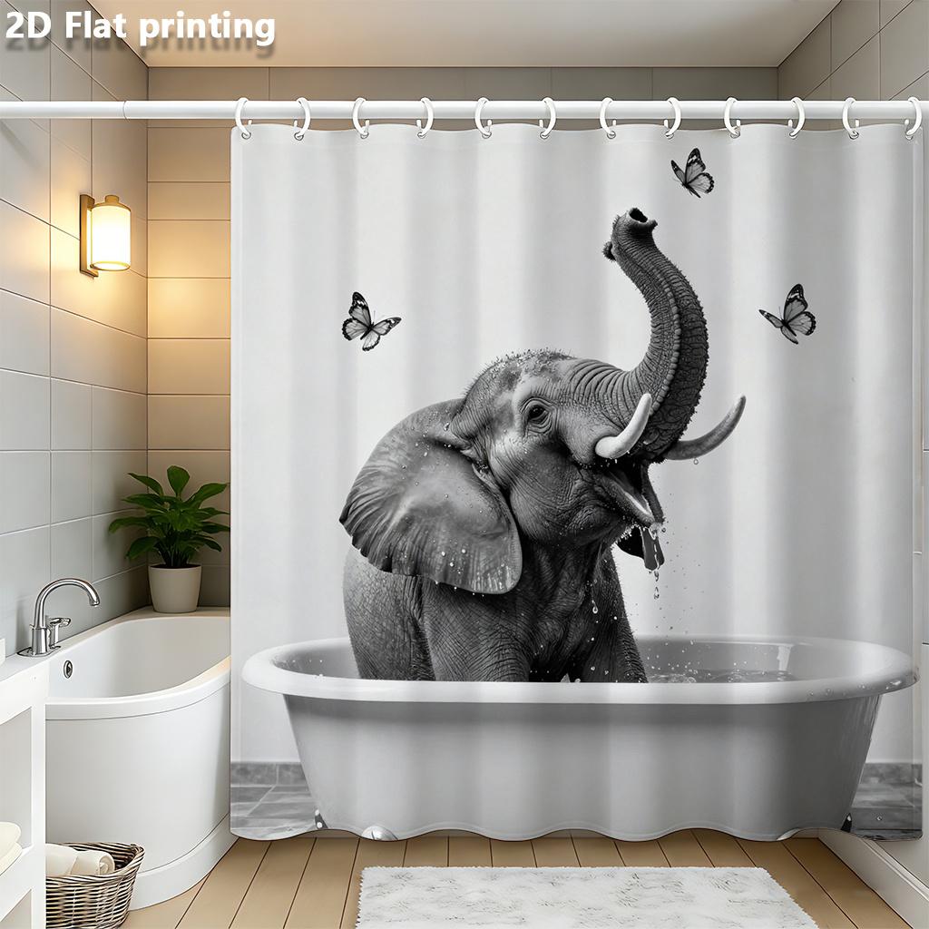 

Black & White Elephant In Bathtub Shower Curtain 1Pc Polyester 2D Flat Print 70.8X70.8 With Butterflies On White Base W60H190(CM)-1 Pcs