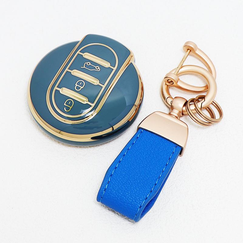 Gold Edge TPU Keylsss For Mini Cooper S One Countryman Clubman F54 F55 F56 F57 F60 Car Key Shell Fob Cover Case Chain Ring