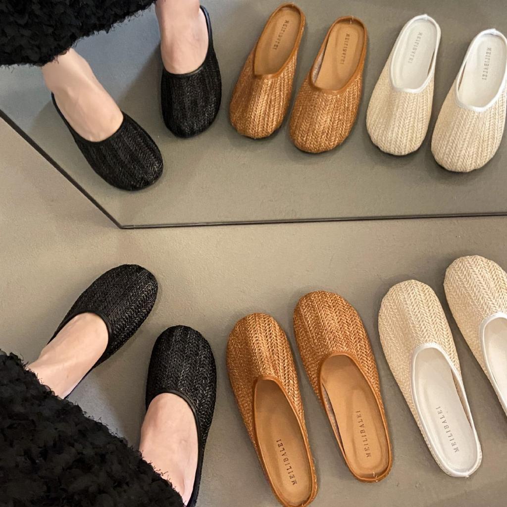 Breathable Woven Gentle Half Slippers Female Flat Bottom 2025 Spring and Summer Fairy with Skirt Retro Temperament Single Shoes