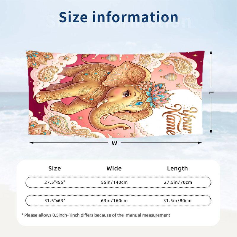 Elephant Theme Beach Towel Personalized Custom Name & Text Soft Quick Dry Beach Towel for Swimming Travel