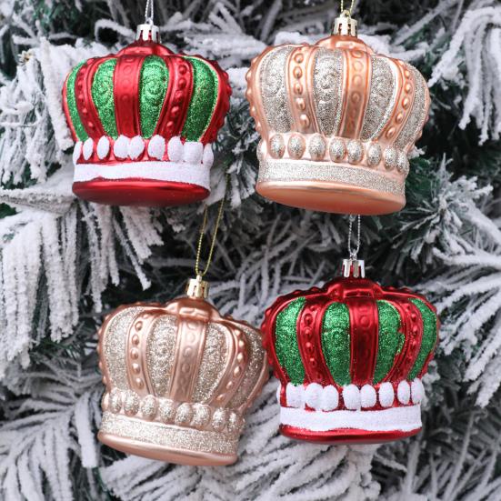 2 Pcs Christmas Crown Ornaments Vintage Style Plastic Red Green/Goldem Royal Crown Ornament for Xmas Tree Window Shop Home Holiday Decor
