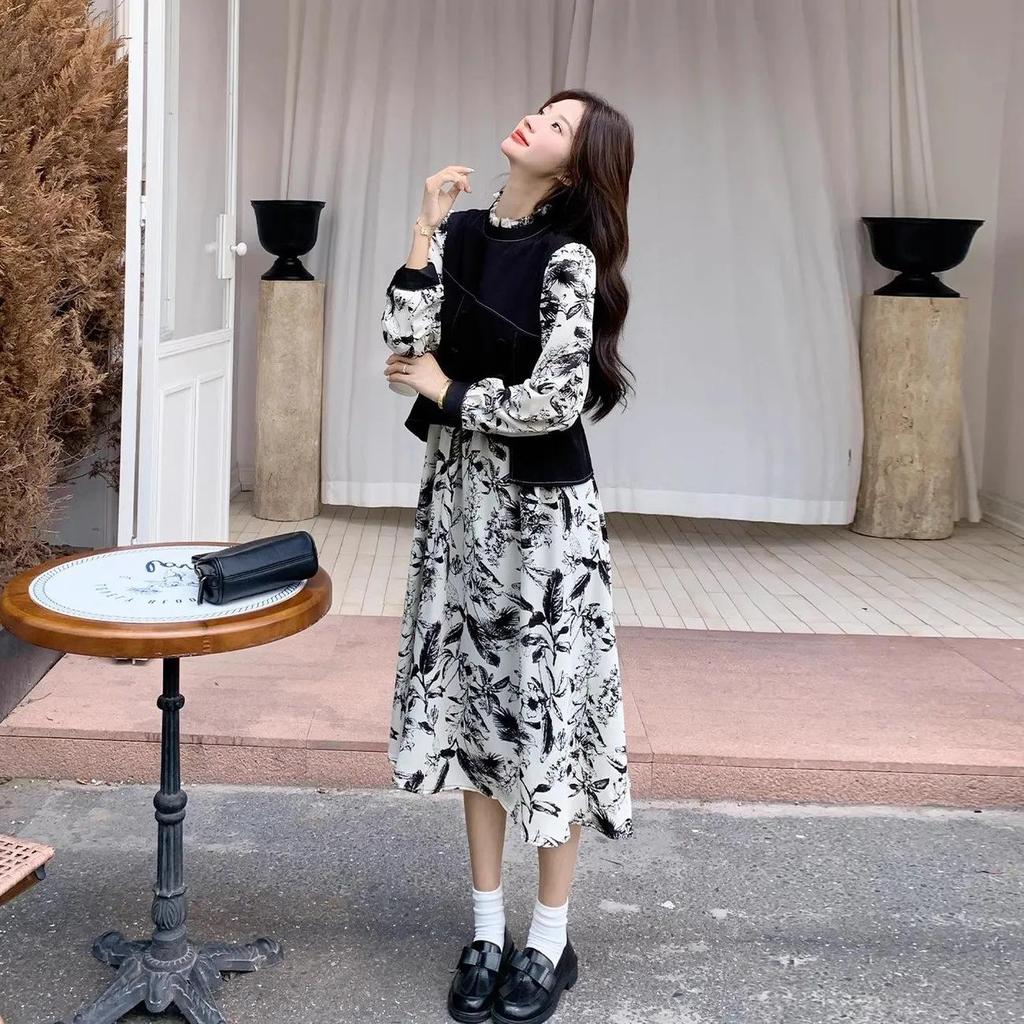 Autumn 2025 Retro Ink Wash Print Two-Piece Long Sleeve Dress for Women - Elegant High-End, Slimming Long Skirt