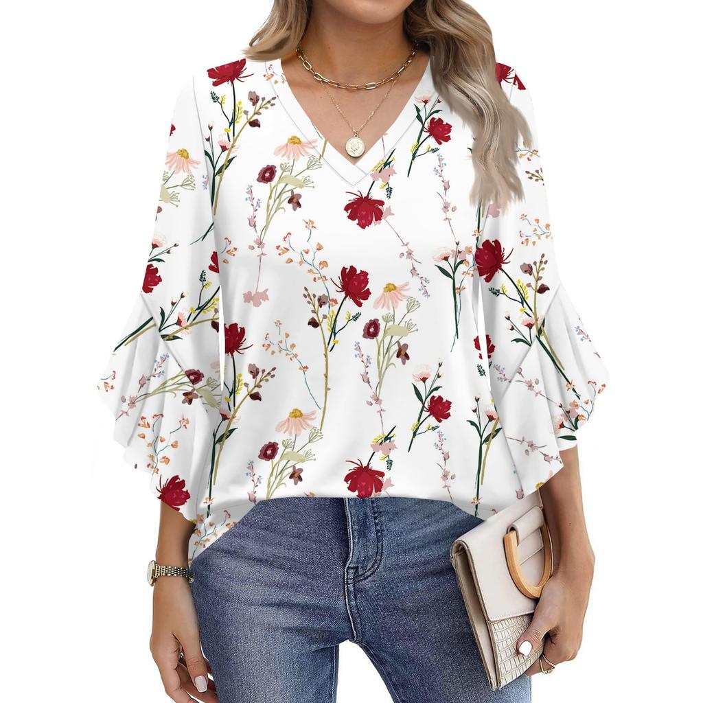 Blouses For Women Dressy Casual 3/4 Length Sleeve Womens Tops V Neck Tshirts Shirts With Flared Sleeve