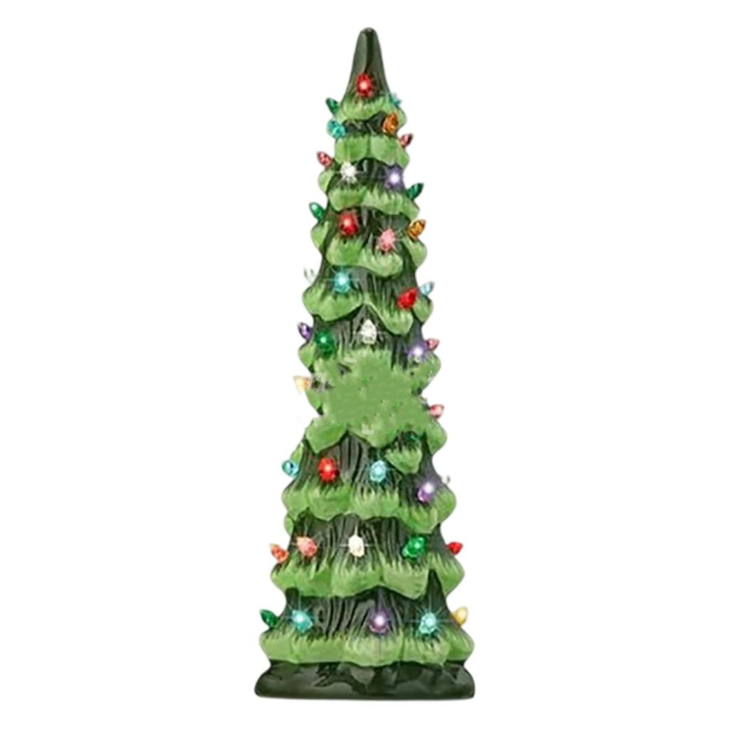 Glowing Christmas Tree Sculpture Resin Holiday Tree Desk Ornament with LED Light For Tabletop Mantels Holiday Decoration