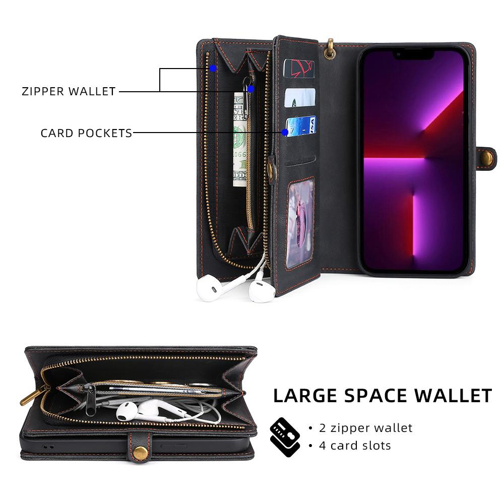 

MEGSHI 017 Series For iPhone 15 Pro Zipper Pocket Leather Wallet Phone Cover Magnetic Detachable Anti-drop Case Black