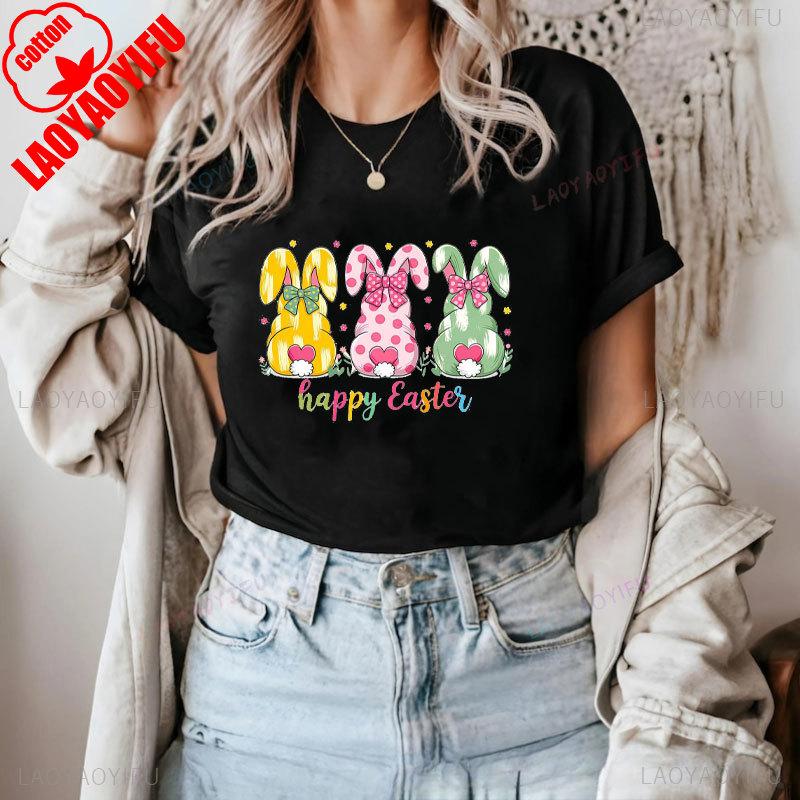 Brushstroke Bunny Easter T Shirt Kawaii Women Short-sleev Tee-shirt Retro Style Streetwear Fashion Casual Cotton Tops Ropa Mujer