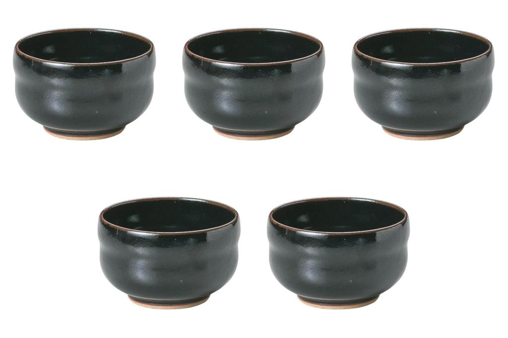 Set of 5 Black Glazed Hisago Matcha Bowls X Matcha Bowls by Setomonohonpo (Small) [10 6.4cm]