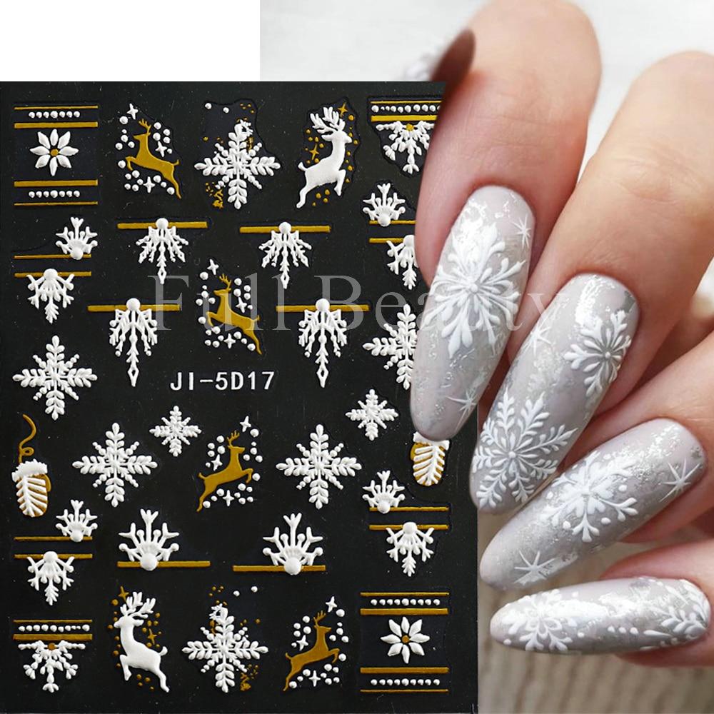 5D Christmas Embossed Nail Stickers White Snowflakes Sliders For Nails Cute Cartoon Bear Gloves Sweater Design Decals