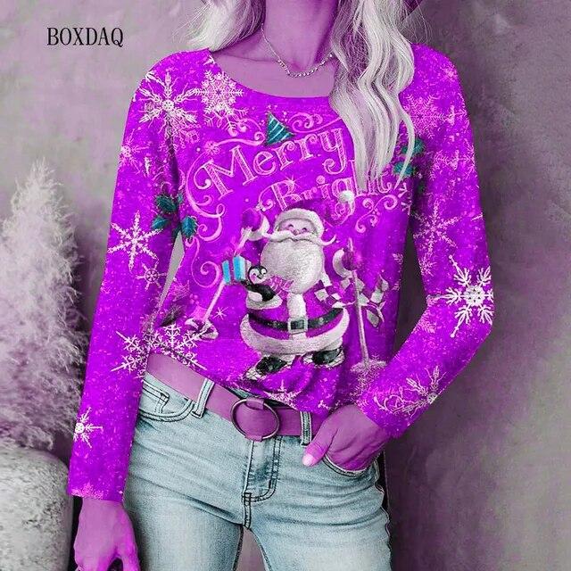 Cartoon Santa Claus And Snowflakes Pattern Women Fashion T-shirts Autumn Winter Long Sleeve 3d Print Christmas Street Lady Tops