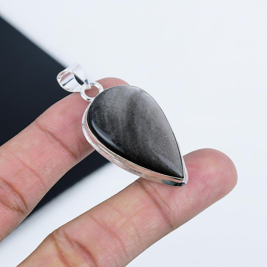Natural Silver Obsidian Gemstone Silver Pendant In 925 Sterling Silver - Handmade Pear Design, Everyday Wear Jewelry Birthday Gift