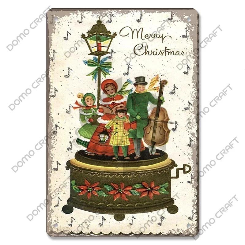 Retro Christmas Decor Vintage Metal Tin Sign with Cake Music Box Christmas Tree for Bakery Candy Shop Home Wall Art